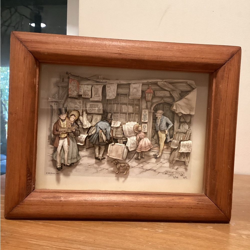 Framed Vintage Street Scene Illustration “The Old Print Shop” titled - Picture 1 of 9